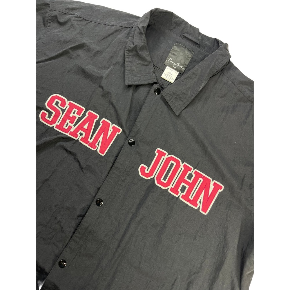 Sean‎ John Mens Black Nylon Jacket XXL Embroidered Logo Snap Front 90s Y2K